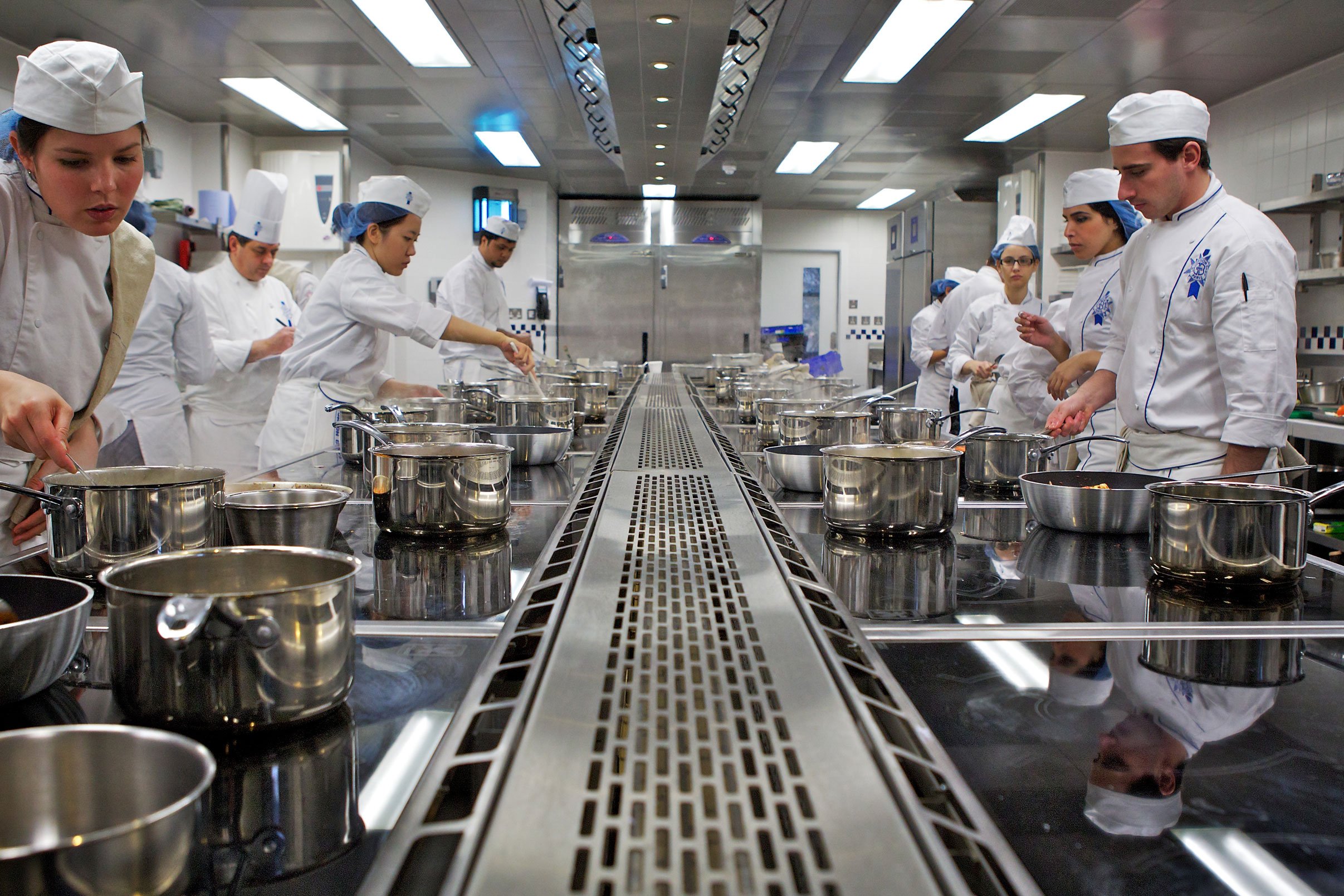 Cooking classroom prepared for a hands-on culinary lesson